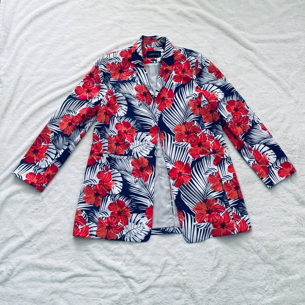 Wildfang Tropical Long Blazer Red Hibiscus Floral Navy Palm Print Size XXL